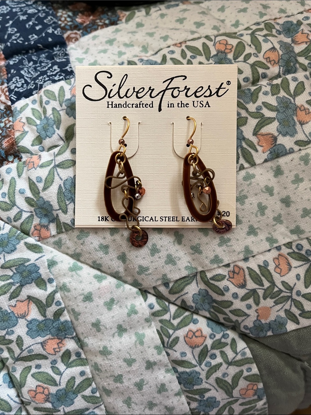 Silver Forest Brown and Gold Loop Dangle Earrings